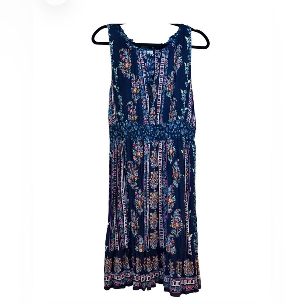 Bila Boho Floral Midi Dress XL Navy Blue Sleeveless Rayon Peasant Festival